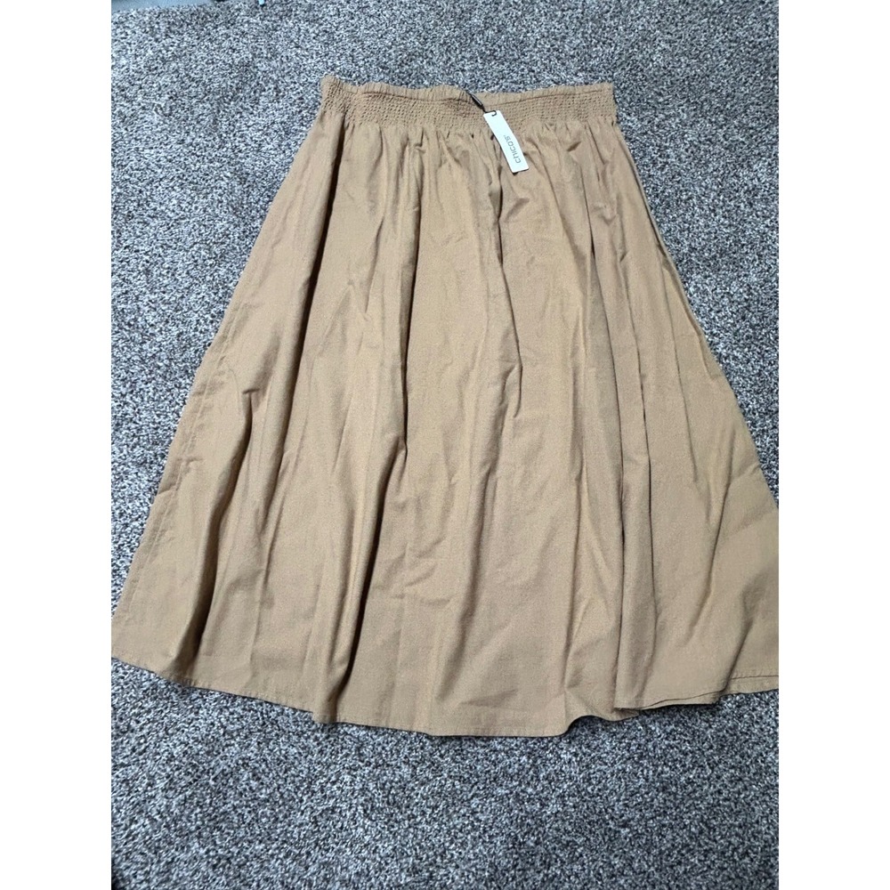A32 Chicos Pull On Skirt Cafe Aroma Tan Smocked Waist Midi A-Line Size 3 XL